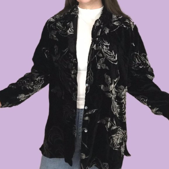 Denim & Co 90s Black Velvet Silver Floral Print Shirt - Picture 3 of 4